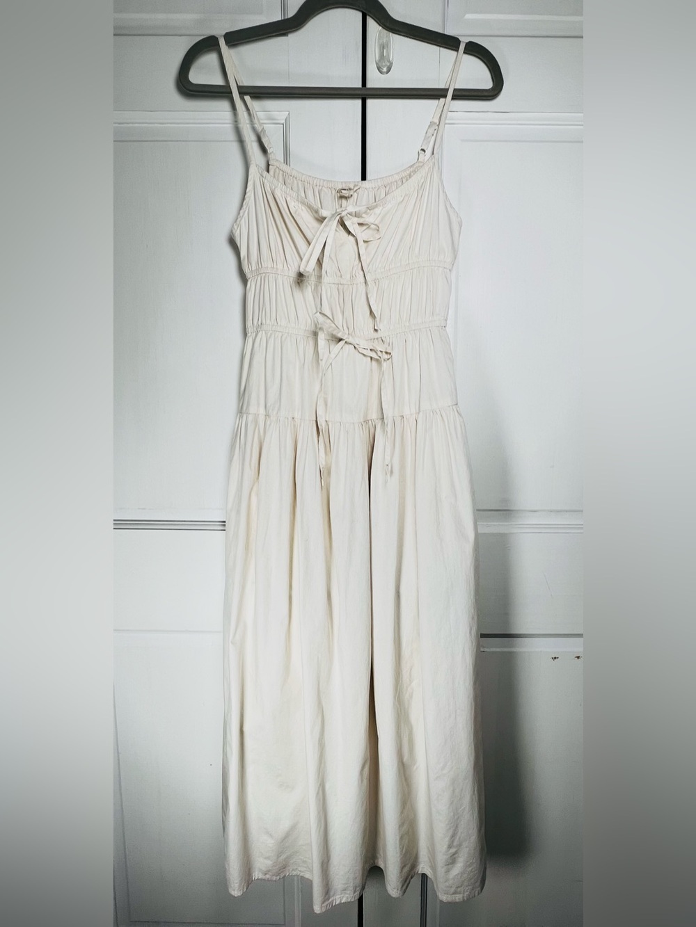 NWOT SIM & SAM ECRU TIE FRONT MILKMAID POPLIN MIDI CREAM COLOR SIDE POCKETS SZ S - Picture 4 of 9
